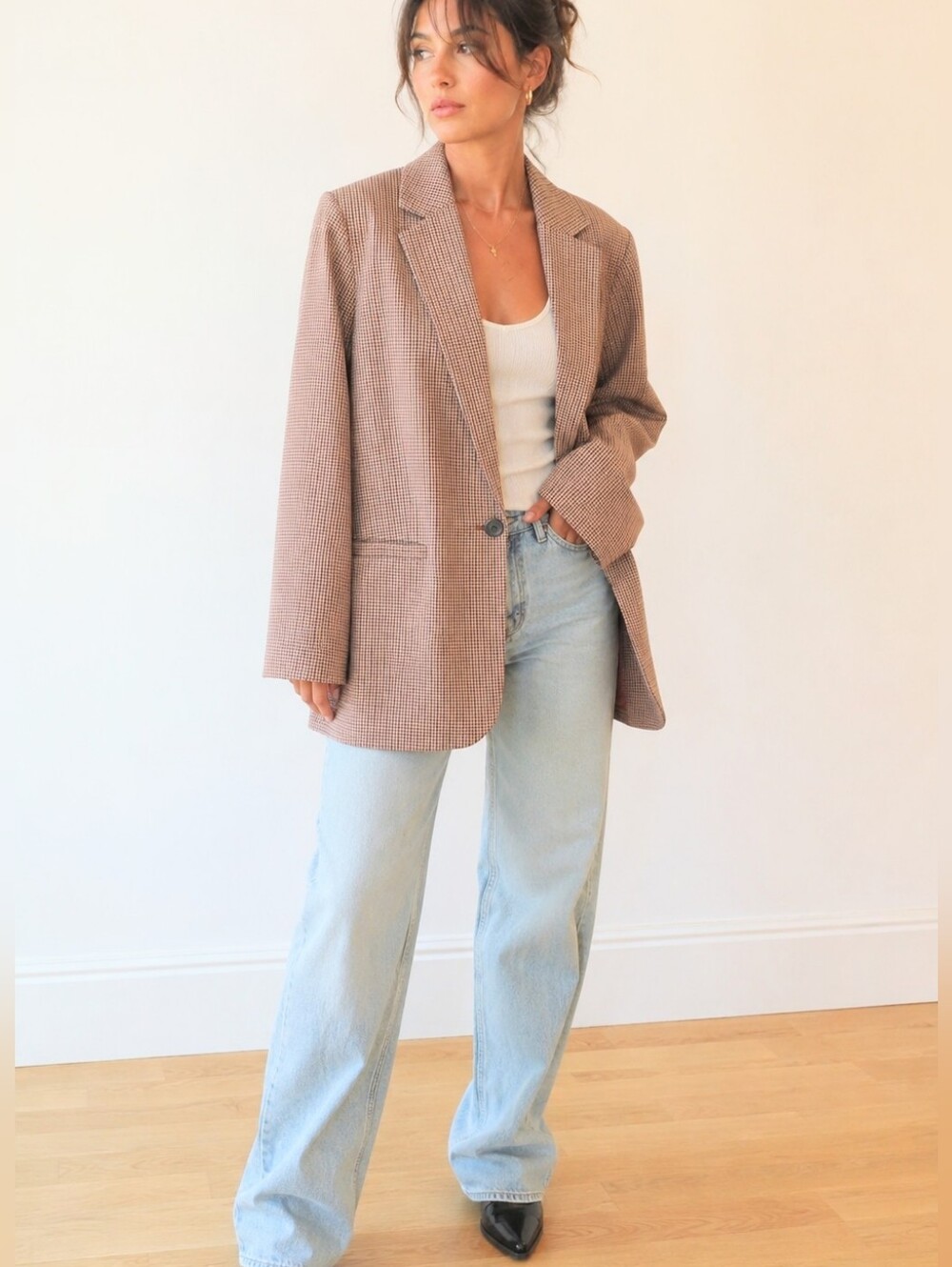 A New Day Boyfriend Jacket Brown Plaid Blazer Lined One Button